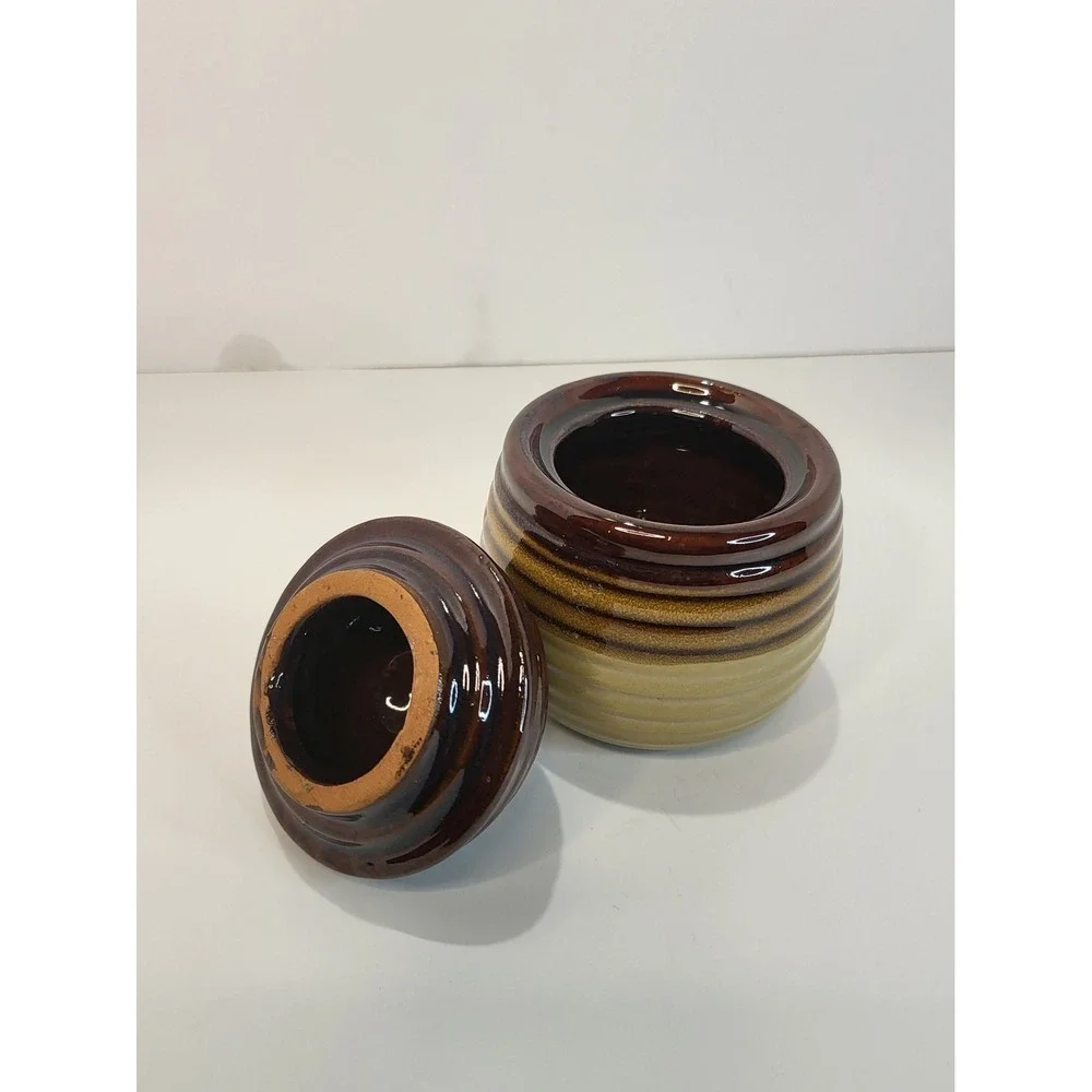 Vintage Beehive Ceramic Honey Pot Jar Two Tone Brown Drip Glaze with Lid 5in
